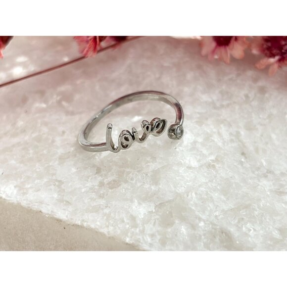 Sterling Silver Scripted "Love" Bypass Shank Vintage CZ Ring - sz 7.25 - Picture 8 of 10